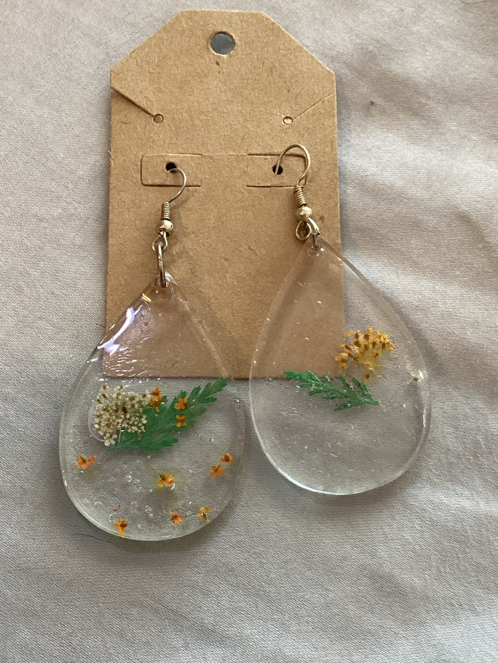 Clear Teardrop Resin Earrings with Yellow Floral Inlay